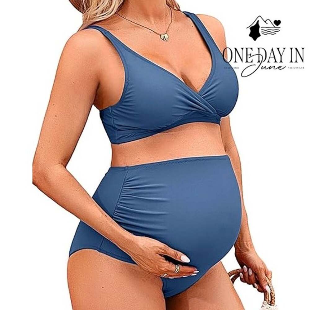 Charmo Maternity Bikini Swimsuit Two Piece Blue High Waist NWT Size S